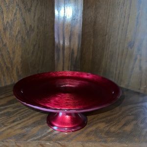 Red Decorative Glass Cake or Dessert Stand. Circular Ridge Design Pattern